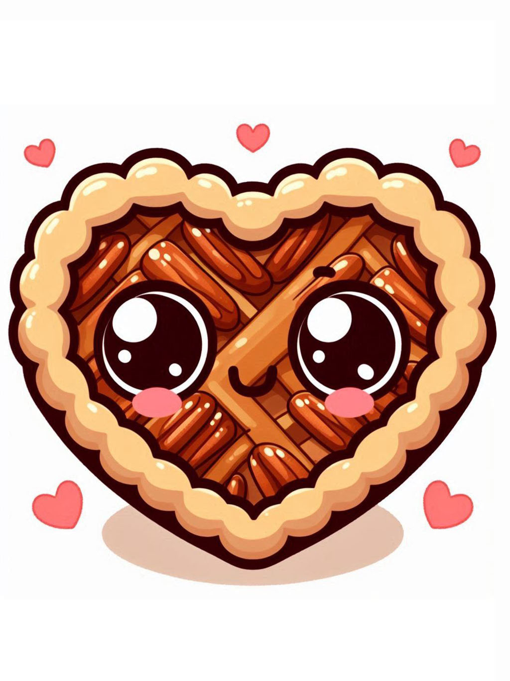 thanksgiving love drawing ideas featuring a cute heart-shaped pecan pie with big eyes and surrounded by small hearts.